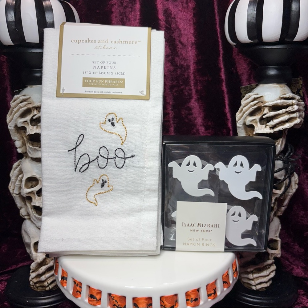 Halloween Cupcakes & Cashmere - Issac Mizrahi Embroidered Napkins & Ghost Rings